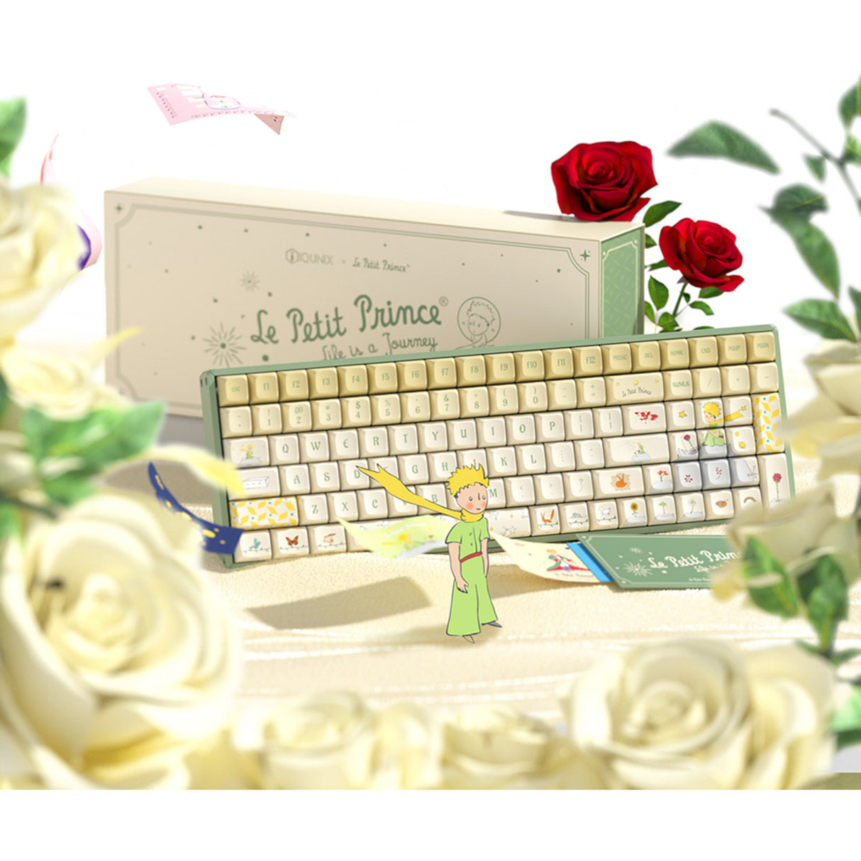 Iqunix f97 floral date rgb mekanisk gaming-tastatur (grøn, us-layout (qwerty), iqunix little prince, 96%, rgb-lysdioder, hot-swappable, pbt, 2.4ghz | bluetooth 5.1 | usb-c)