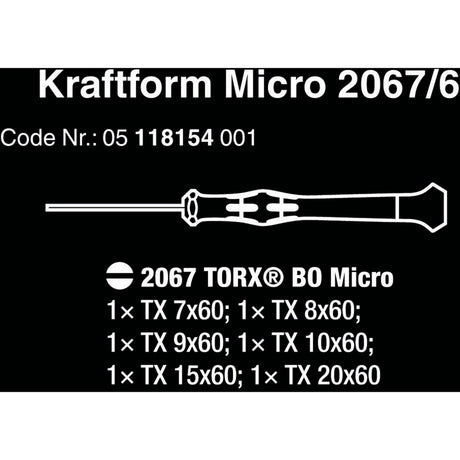 Wera 2067 6 elektronik torx bo skruetrækkersæt + stativ (sort grøn, 6-delt)