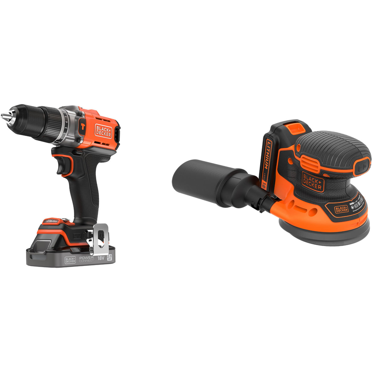 Black+decker 18v skruetrækker + 18v excentrisk slibemaskine bundt (sort orange)