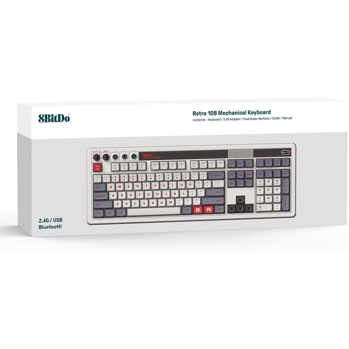8bitdo retro mekanisk tastatur n udgave (grå, us-layout (qwerty), kailh box hvid, 100%, bluetooth lavenergi, trådløs 2.4g, usb)