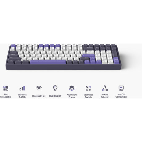Iqunix f97 lavandin trådløst mekanisk tastatur (lavendel, us-layout (qwerty), cherry mx silent red, 96%, rgb-lysdioder, hot-swappable, pbt, 2.4ghz | bluetooth 5.1 | usb-c)