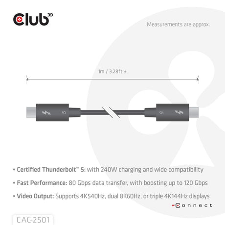 Club 3d thunderbolt 5 certificeret 8k240hz kabel (sort, data 80 120 gbps, epr 240 watt, 1 meter)