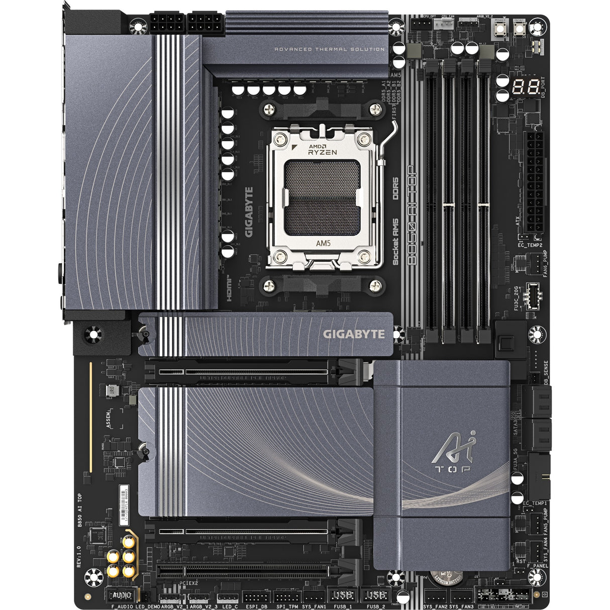 Gigabyte B850 AI Top Socket AM5 bundkort (sort grå, RAID, 2x 10 GB LAN, Wi-Fi 7, BT, lyd, ATX)