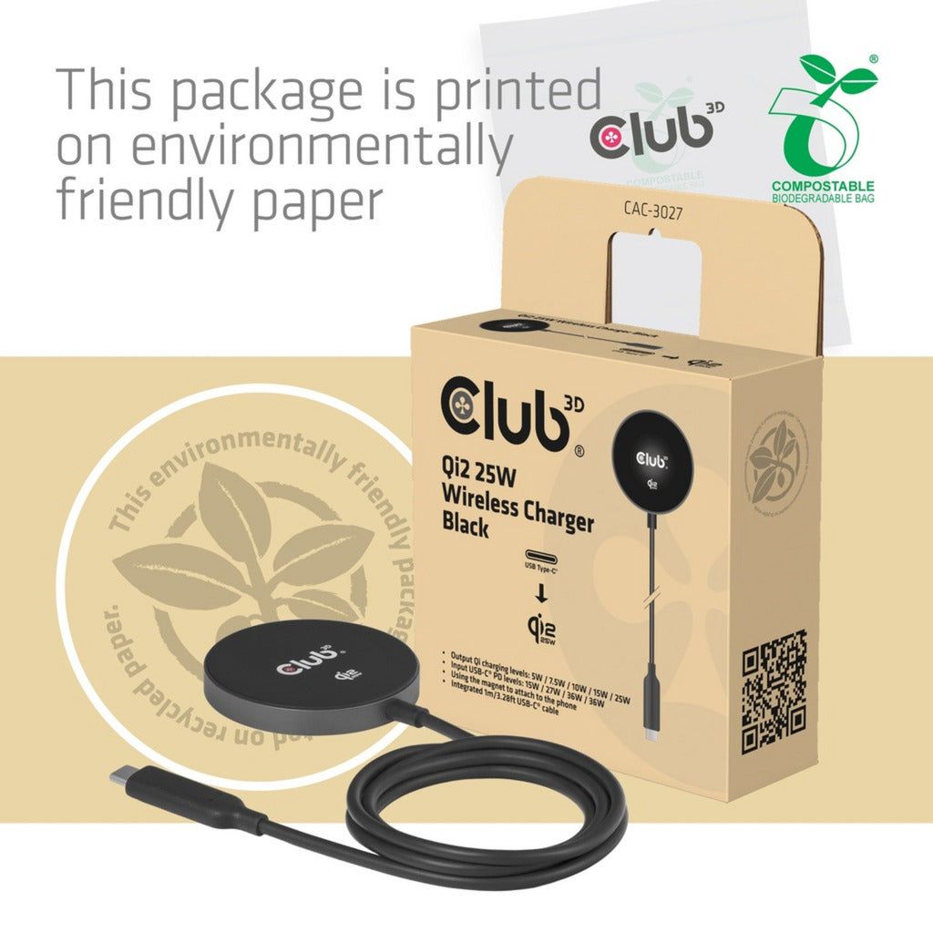 Club 3d cac-3027 qi2 25w draadloze oplader (zwart, qi-gecertificeerd, magsafe-compatibel, magnetisch pad)