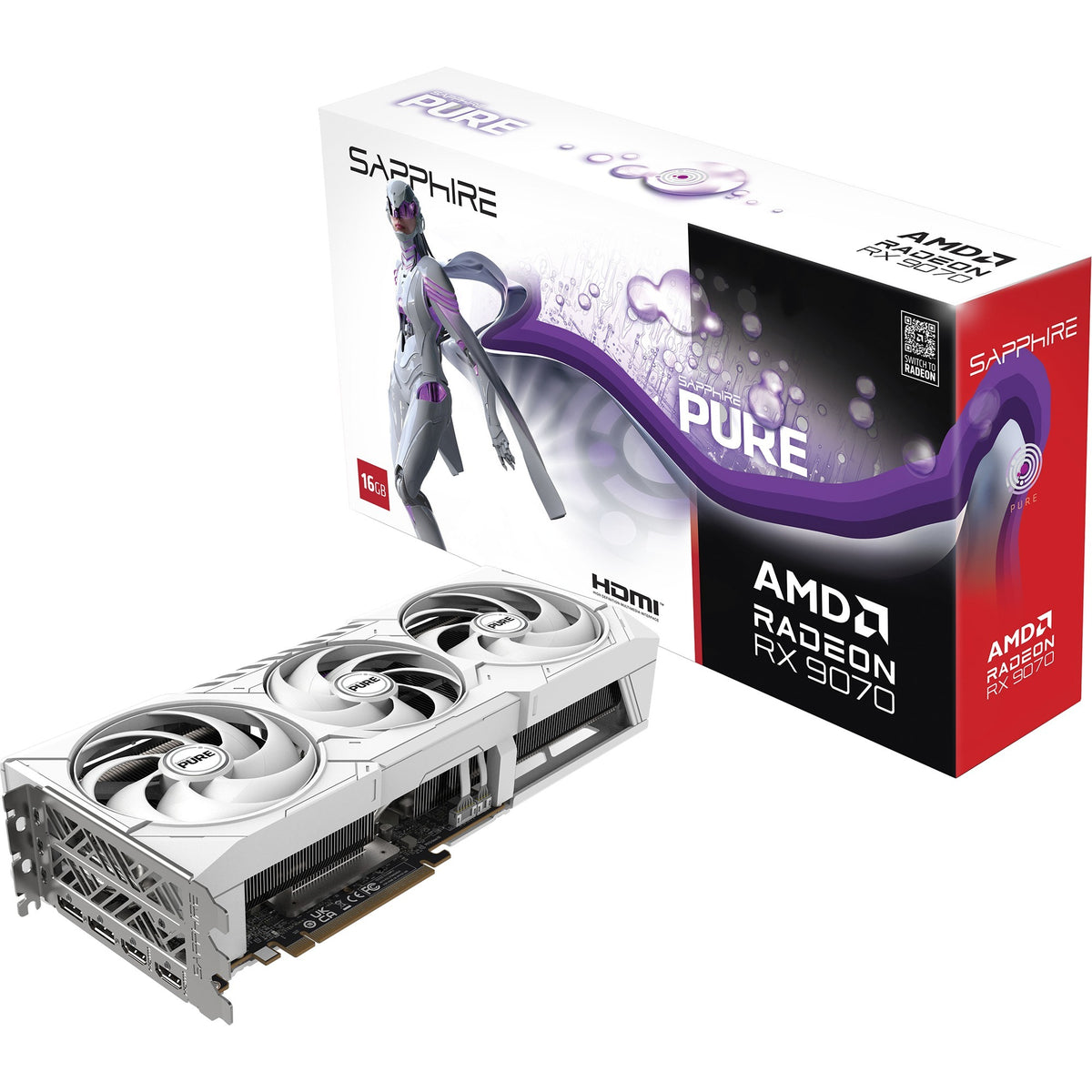 Sapphire Radeon RX 9070 Pure OC grafikkort (hvidt, 2x skærmport, 2x HDMI, RDNA4)