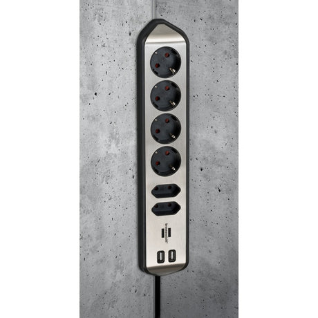 Brennerstuhl ®estilo hjørne tilslutningsboks med USB-opladningsfunktion 6-vejs 4x beskyttelsesstik 2x euro sølv sort