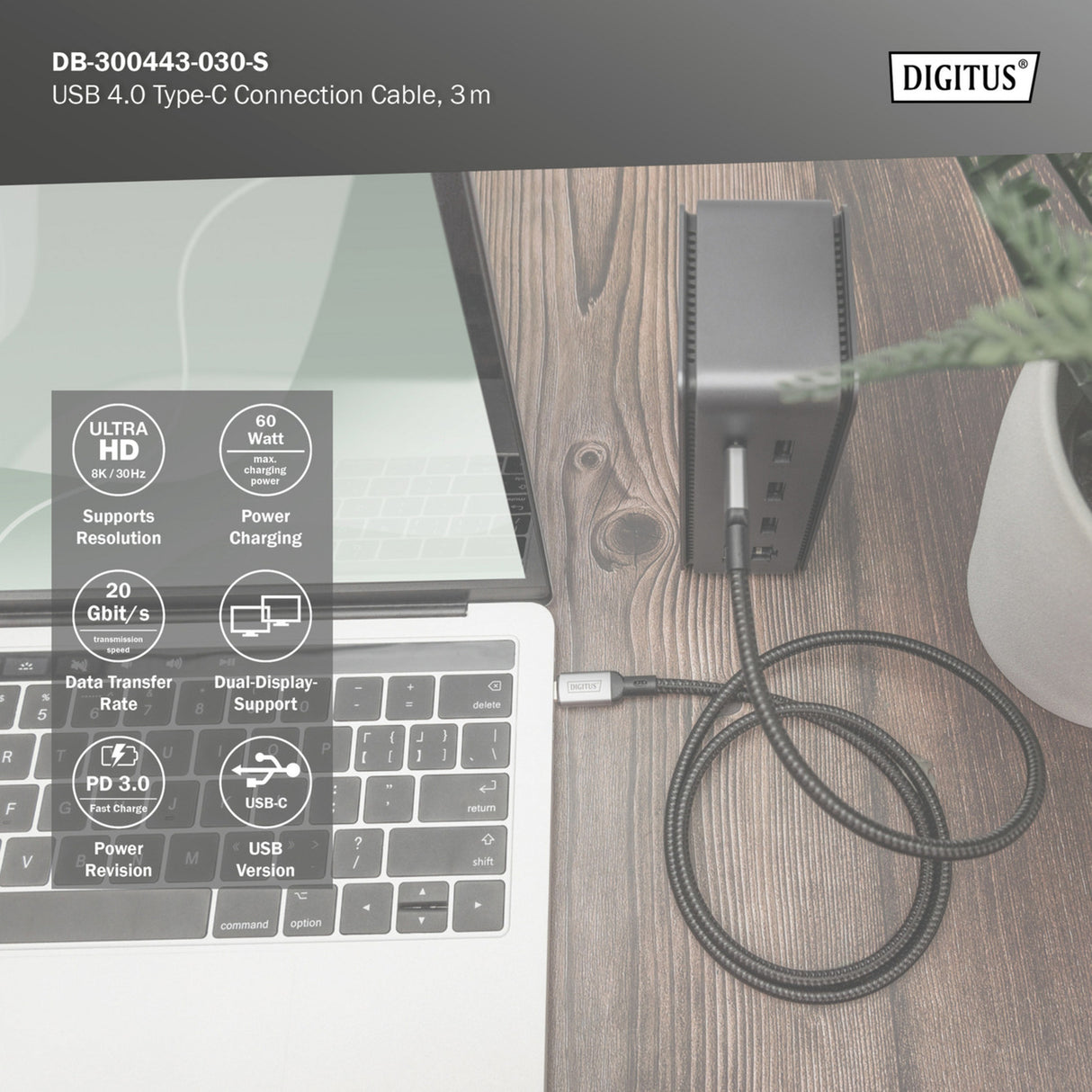 Digitus USB-C 4 gen2 USB-C tilslutningskabel (sort grå, 3 meter)