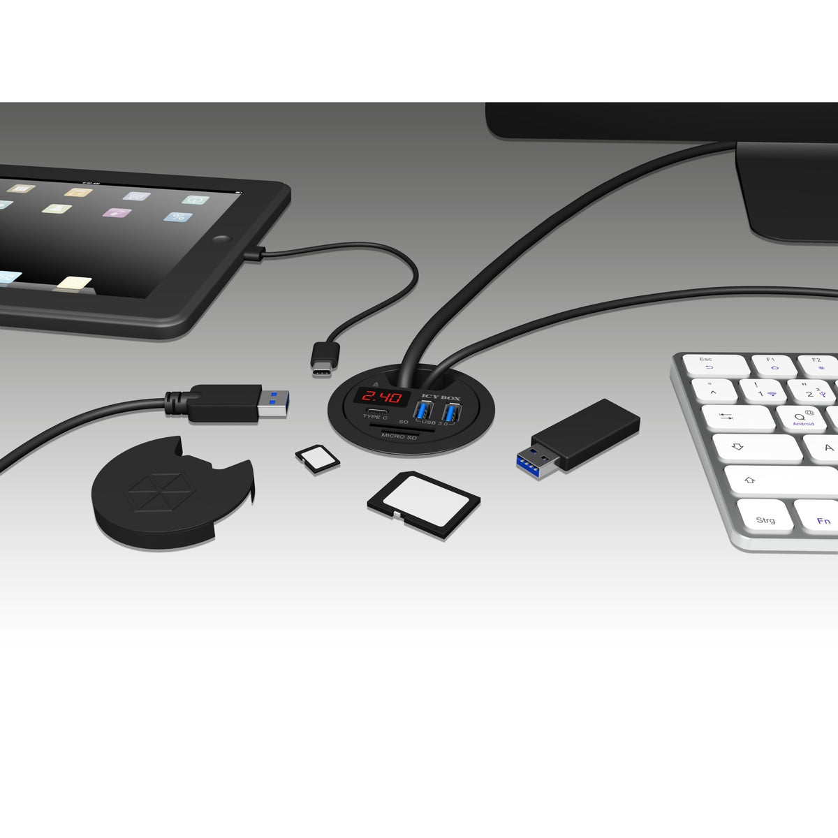 Icy box ib-hub1404 USB-hub (sort, inkl. USB-C, SD- og microSD-kortlæser og opladningsfunktion)