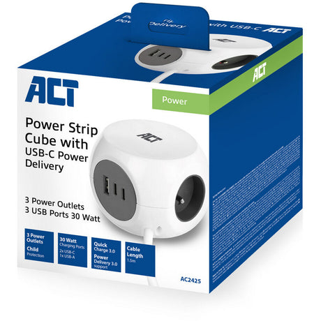 Act connectivity act strømskinne terning med 3 sokler, 30w strømforsyning USB-C a porte, kabellængde 1,5m ac2425