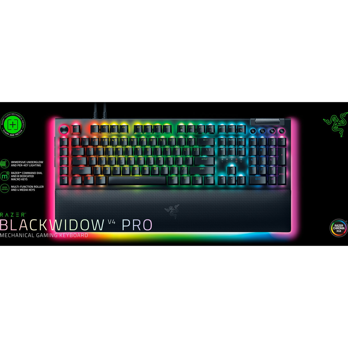 Razer blackwidow v4 pro, gaming tastatur (sort, us layout, grøn, rgb lysdioder, doubleshot abs)
