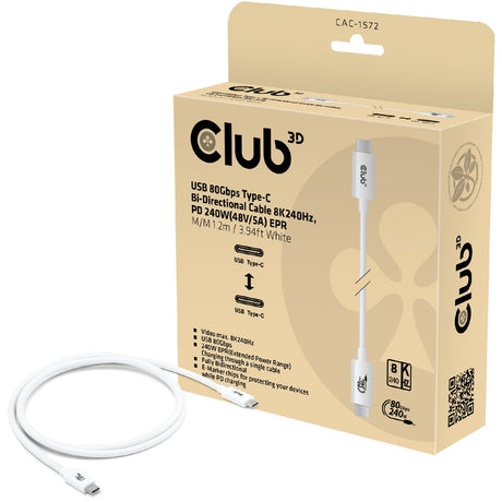 Club 3D USB-C 80 Gbps certificeret 240W 8K 240Hz kabel (hvid, 1,2m)