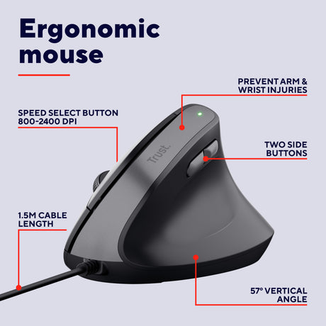 Trust bayo ii kablet ergonomisk mus (sort, 800 dpi - 2400 dpi)