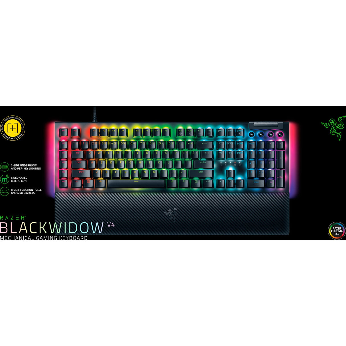 Razer blackwidow v4, gaming tastatur (sort, us layout, gul, rgb lysdioder, doubleshot abs)