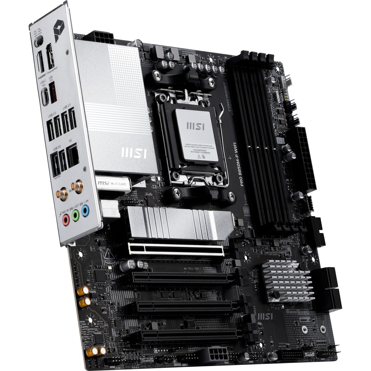 MSI Pro B850M-P WiFi Socket AM5 bundkort (sort sølv, RAID, 5GB-LAN, WiFi 7, BT, lyd, µATX)