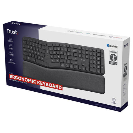 Trust Keyra ergonomisk trådløst tastatur (sort, amerikansk layout (QWERTY), 100 %, 2,4 GHz USB | Bluetooth)