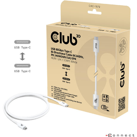 Club 3D USB-C 80 Gbps certificeret 240W 8K 240Hz kabel (hvid, 1,2m)