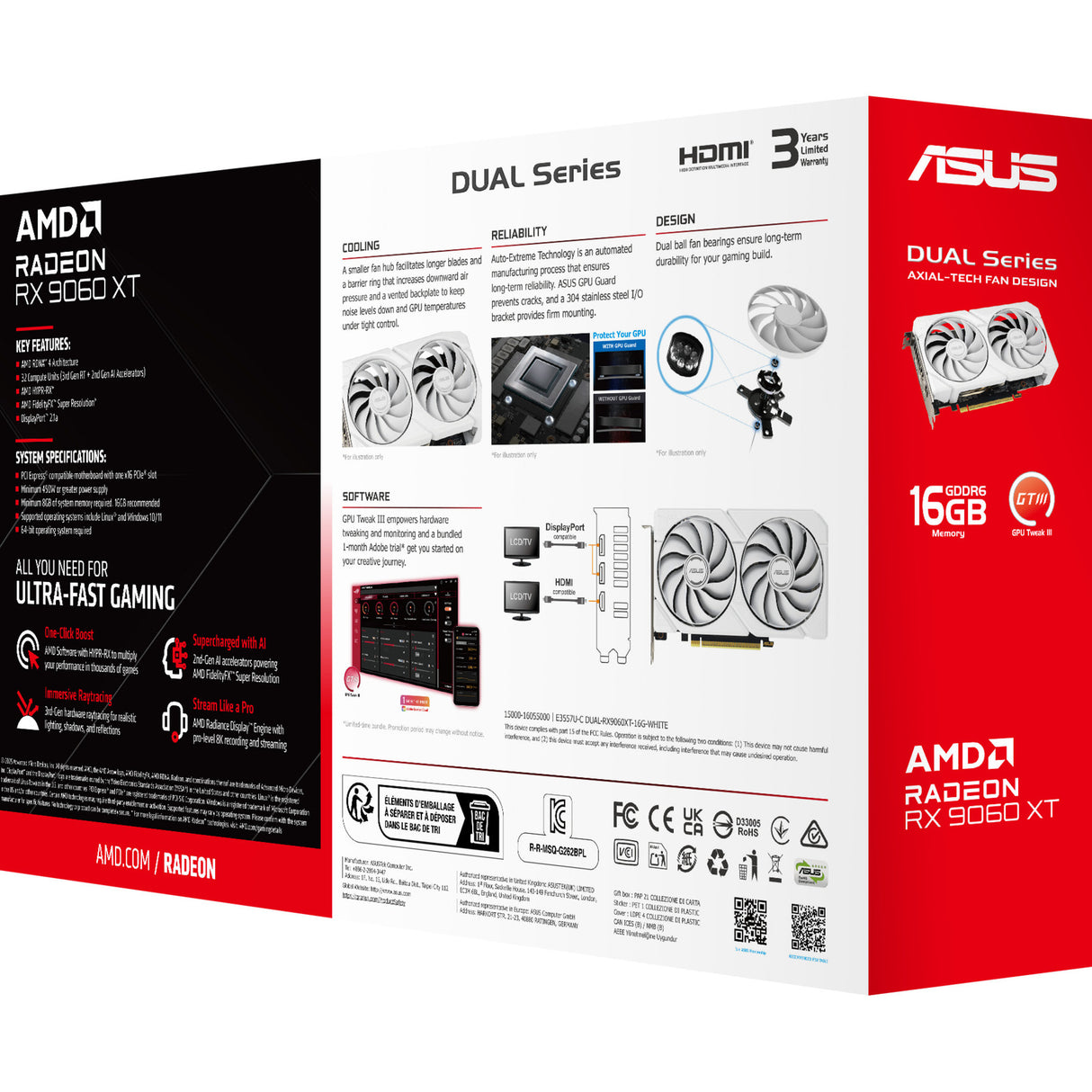 Asus Radeon RX 9060 XT Dual White Edition 16 GB grafikkort (hvidt, RDNA4, GDDR6, 2x Display Port, 1x HDMI 2.1)