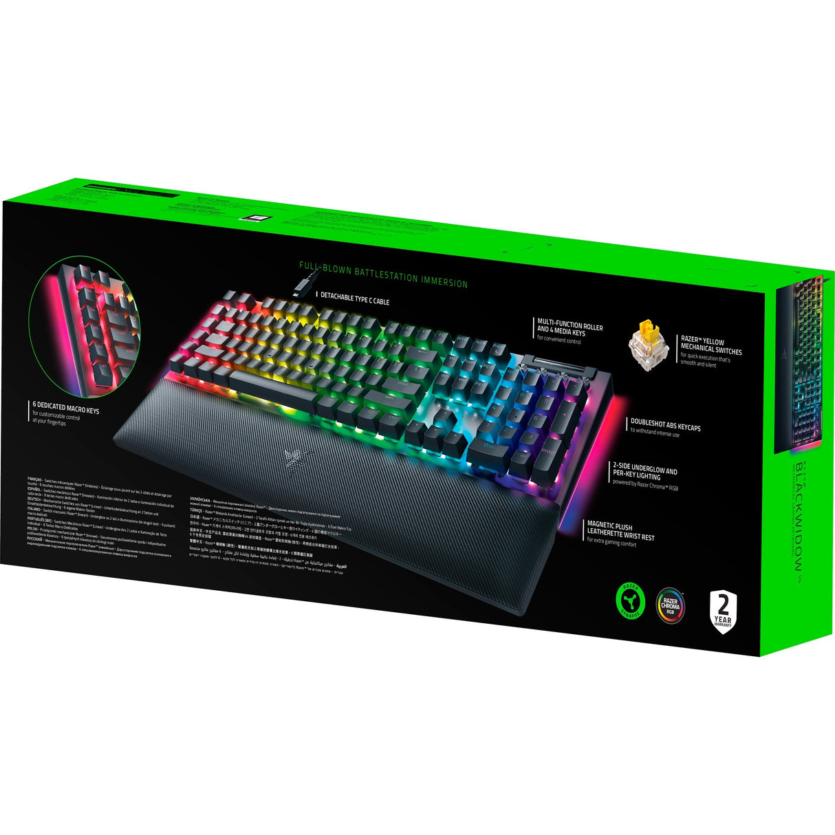Razer blackwidow v4, gaming tastatur (sort, us layout, gul, rgb lysdioder, doubleshot abs)