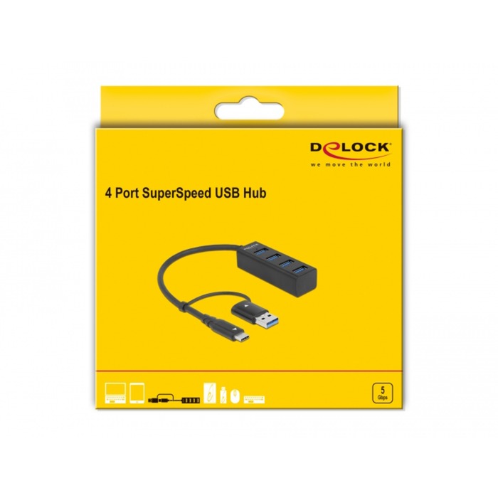 Delock 4-ports USB 3.2 gen 1 hub med USB Type-C eller USB Type-A tilslutning USB hub (sort)