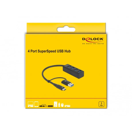 Delock 4-ports USB 3.2 gen 1 hub med USB Type-C eller USB Type-A tilslutning USB hub (sort)
