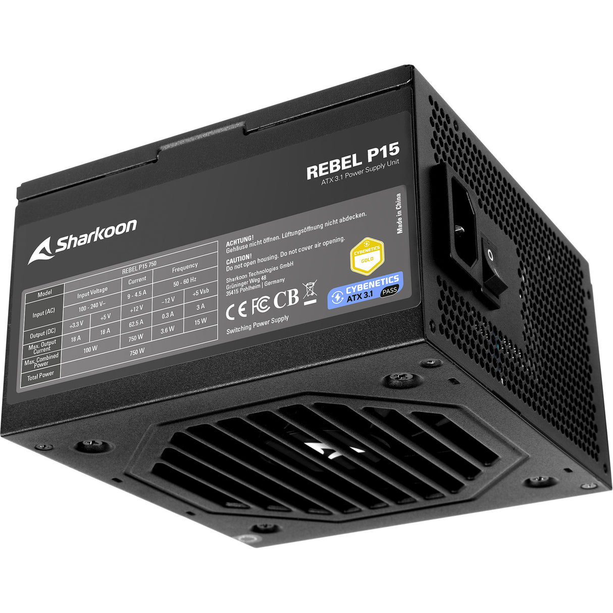 Sharkoon rebel p15 750 watt strømforsyning (sort, 1x 12v-2x6, 4x pcie)