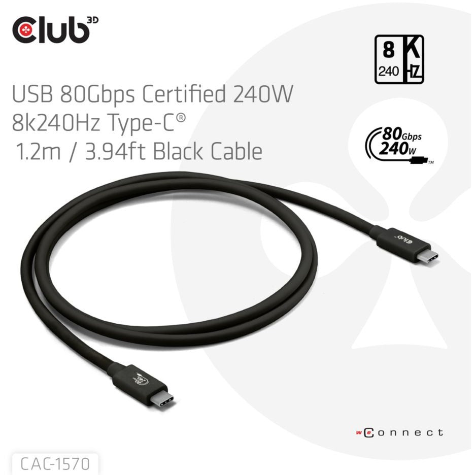 Club 3D USB-C 80 Gbps certificeret 240W 8K 240Hz kabel (sort, 1,2m)