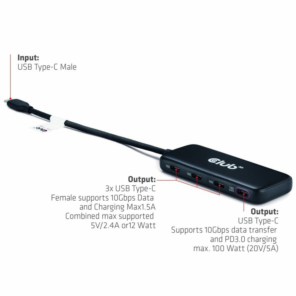 Club 3D USB-C 4-ports 10G datahub med PD3.0 USB-hub (sort)