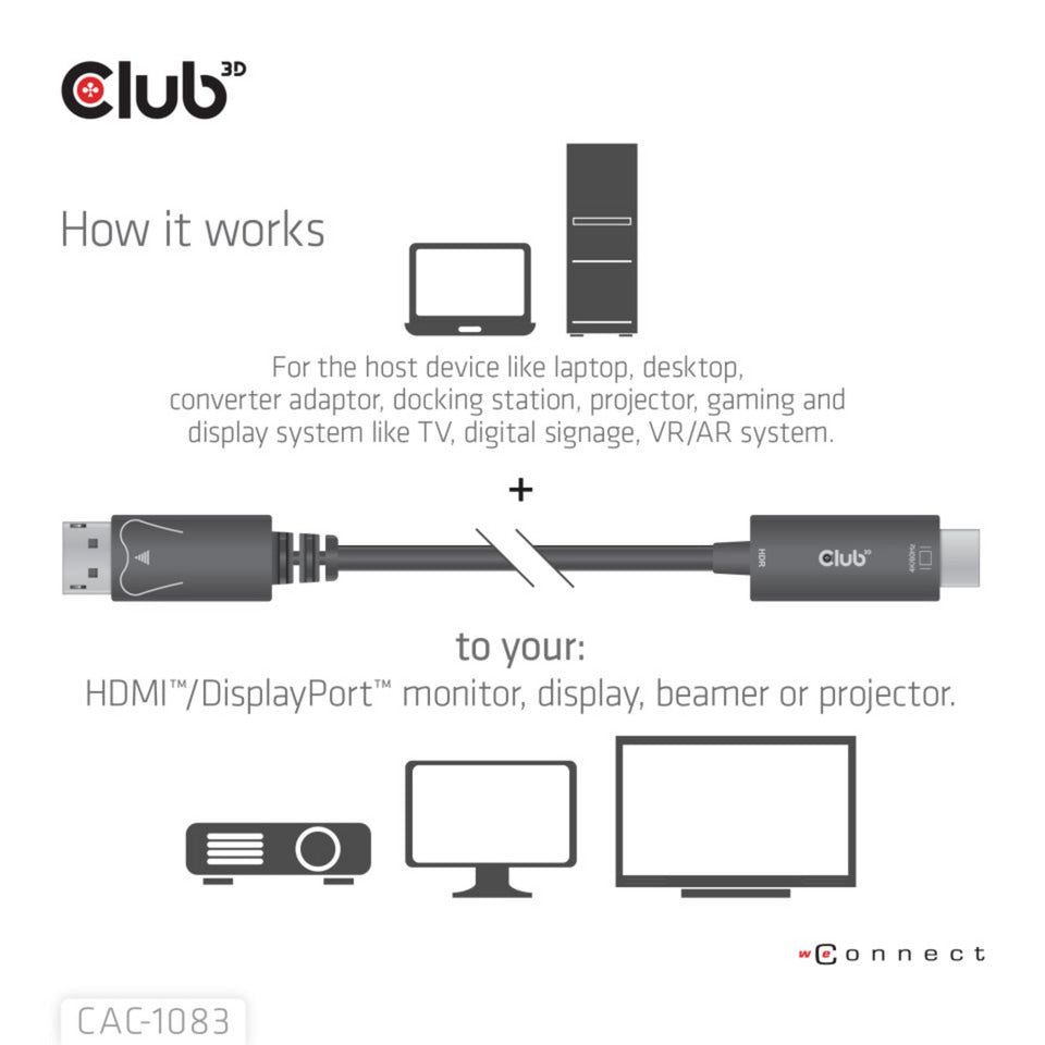 Club 3D DisplayPort 1.4 til HDMI 4K60Hz kabeladapter (sort, HDR M M 2m)