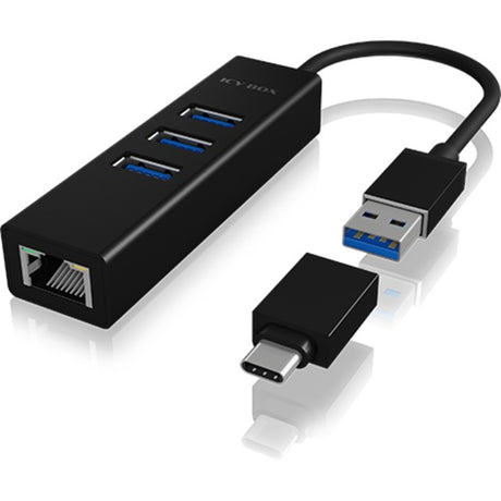 Icy box ib-hub1419-lan USB-hub (sort, 3x USB-A 3.2 (5 Gbit s), 1x LAN)