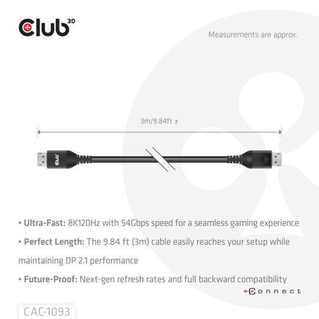 Club 3D DisplayPort 2.1 Vesa DP54 certificeret kabel han-han (sort, 3 meter, 4K 240Hz, 8K 120Hz, 54Gbps)