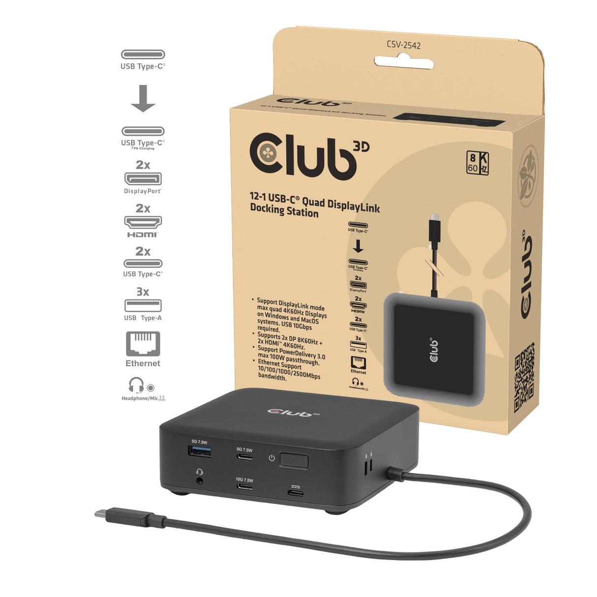 Club 3d 12-1 usb-c® quad displaylink dockingstation (zwart)
