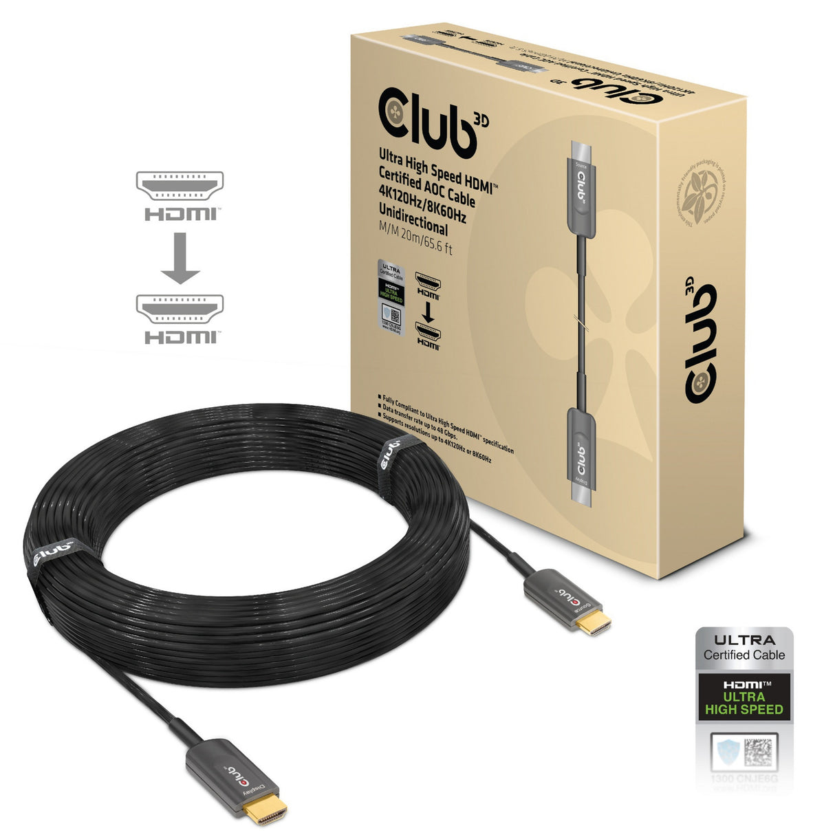 Club 3D Ultra High Speed AOC HDMI 2.1 certificeret ensrettet kabel han-han (sort, 20 meter, 4K 120Hz, 8K 60Hz, 48Gbps)