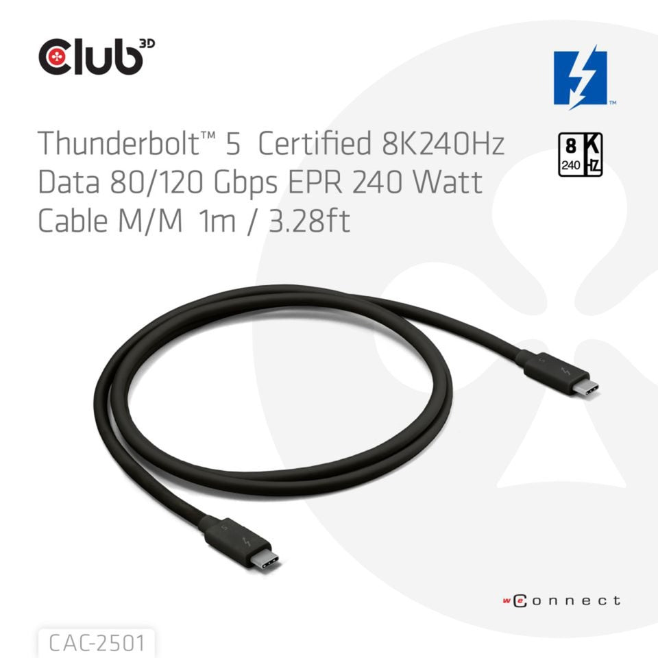 Club 3d thunderbolt 5 certificeret 8k240hz kabel (sort, data 80 120 gbps, epr 240 watt, 1 meter)