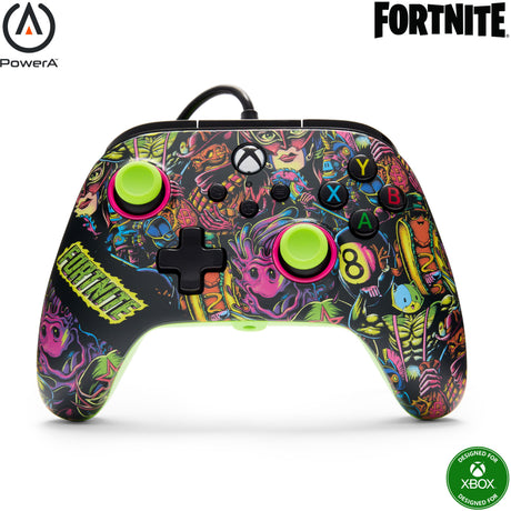 Powera advantage controller med kabel til xbox-serien x|s - fortnite: glød (neongrøn, xbox-serien x|s, xbox one, pc)