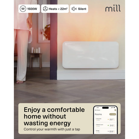 Mill steel wifi paneelverwarming pa1500wifi4a met voet, 1500 watt convector (wit, wifi 2,4 ghz (wifi 6), bluetooth 5.2, zigbee 3.0 + app)