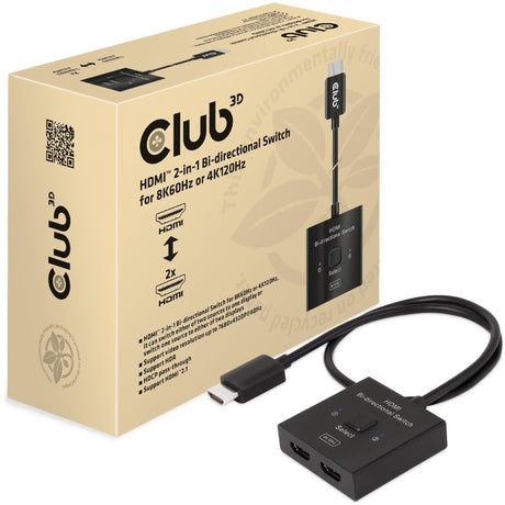 Club 3D HDMI-switch 2-i-1 tovejs til 8k60hz eller 4k120hz (sort, 0,5 meter)