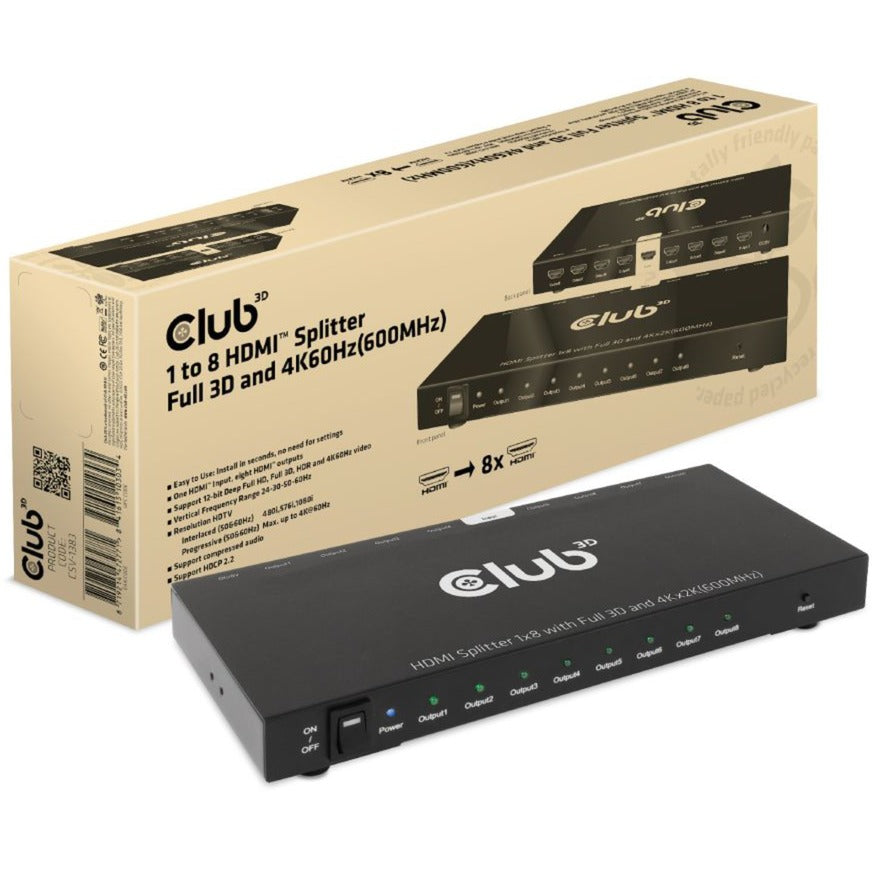 Club 3d 1 til 8 hdmi splitter fuld 3d og 4k60hz (600mhz) (sort)