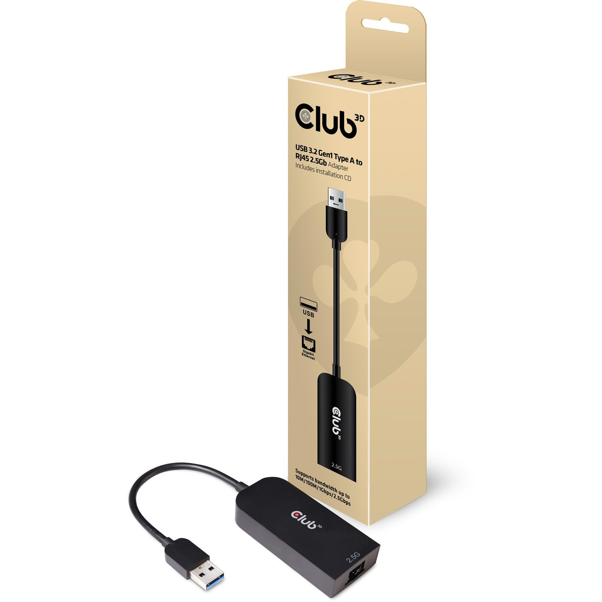 Club 3D USB-A 3.2 Gen1 > RJ-45 2,5 Gbps adapter (sort, 0,16 meter)