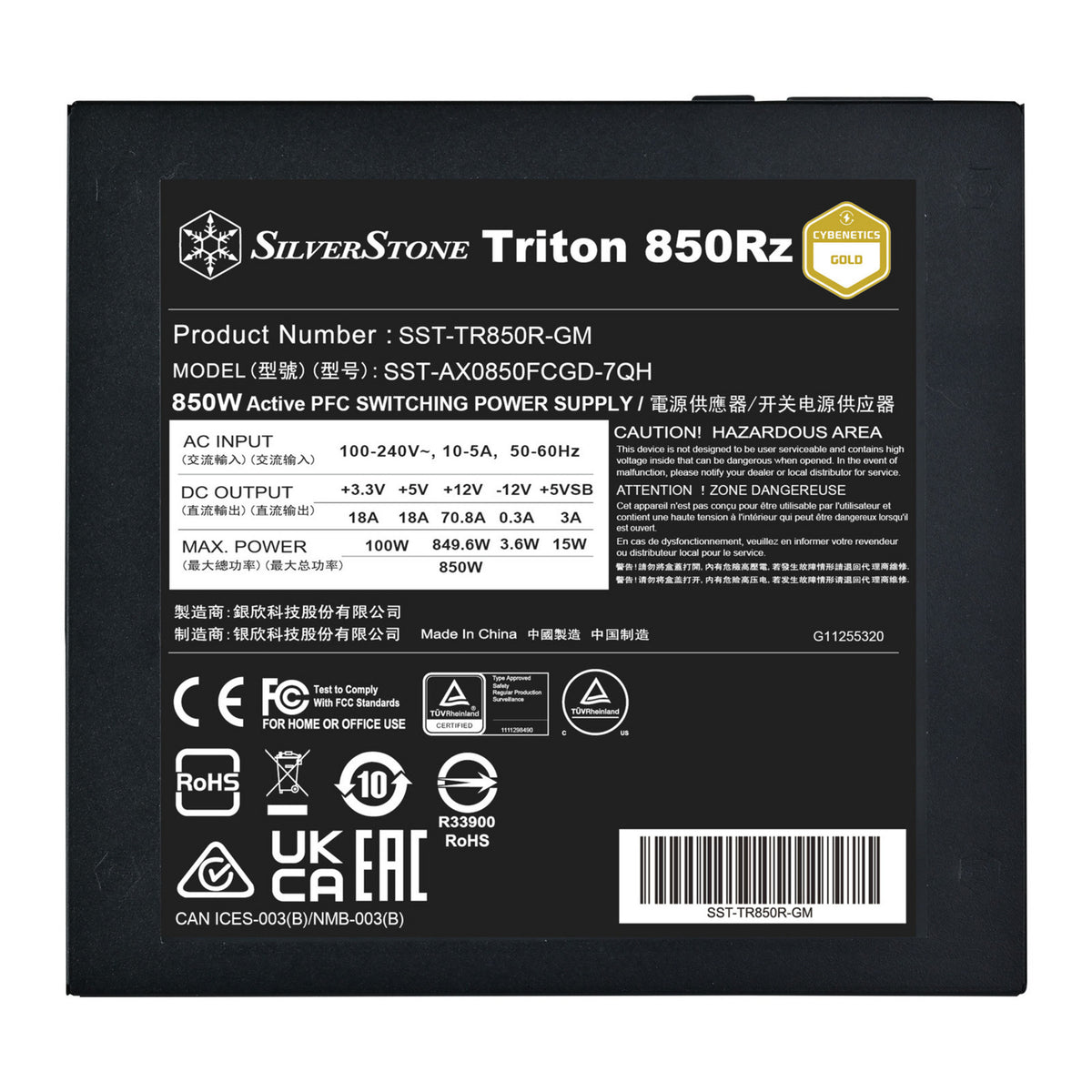 Silverstone triton 850rz modulær 850 watt strømforsyning (sort, 1x 12v-2x6, 3x pcie)