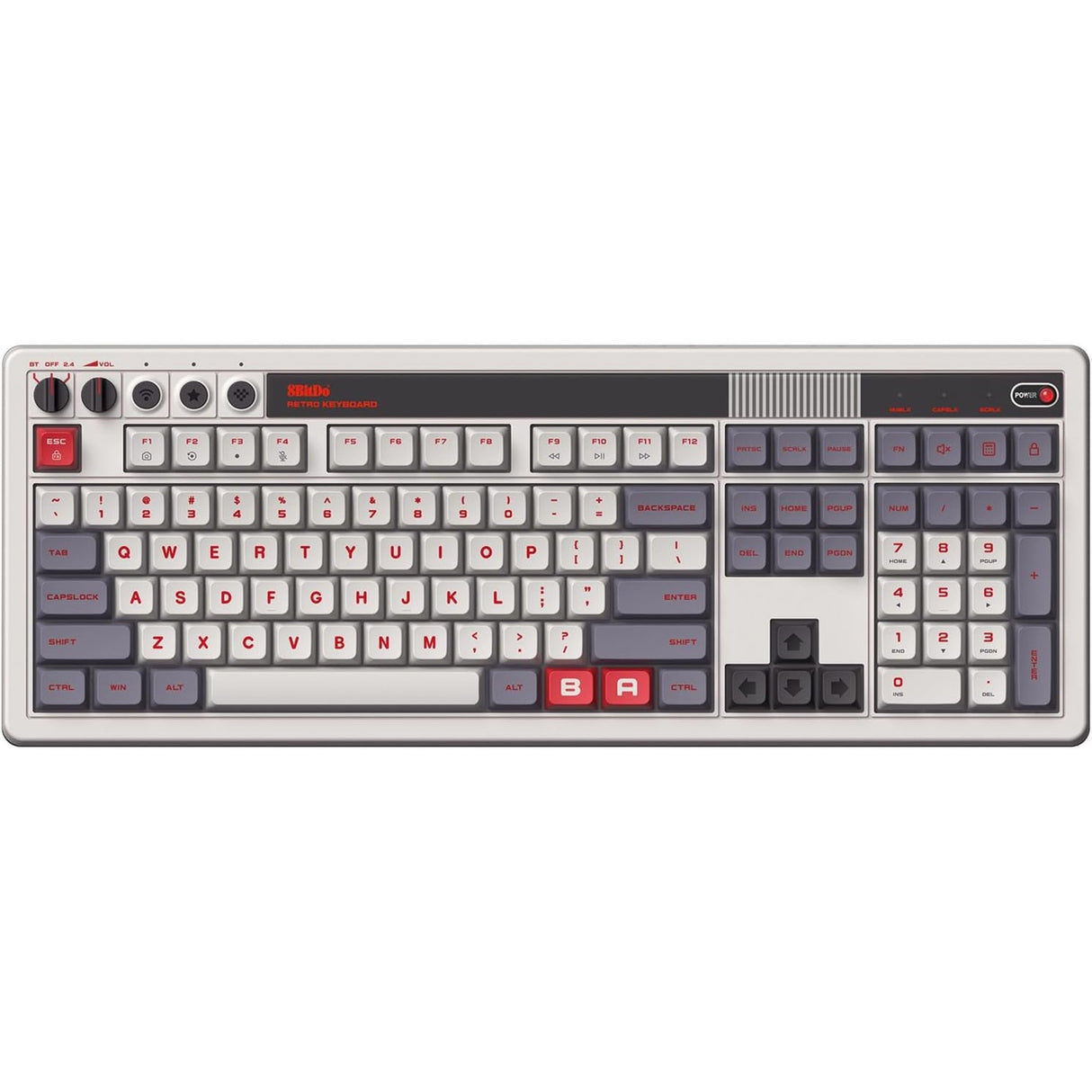 8bitdo retro mekanisk tastatur n udgave (grå, us-layout (qwerty), kailh box hvid, 100%, bluetooth lavenergi, trådløs 2.4g, usb)