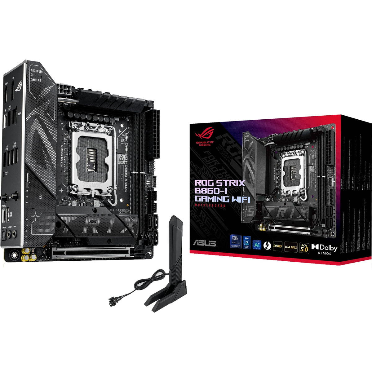 Asus ROG Strix B860-I Gaming WiFi Socket 1851 bundkort (RAID, 2,5 GB-LAN, WiFi 7, BT, lyd, Mini-ITX)