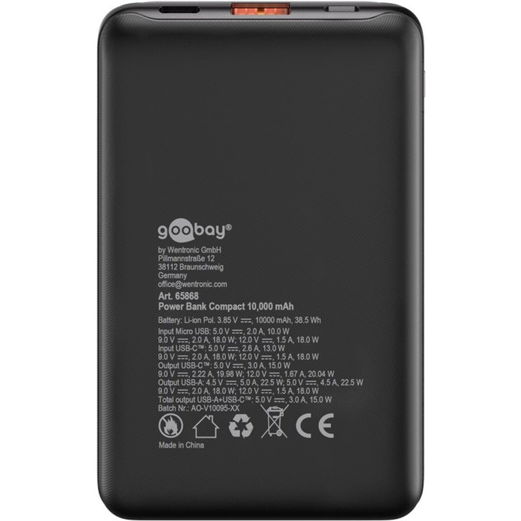 Goobay powerbank kompakt 10.000 mah (sort, 10 ah, 1x USB-A, 1x USB-C, strømforsyning, hurtig opladning)