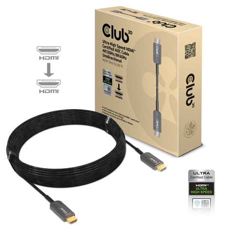 Club 3D Ultra High Speed AOC HDMI 2.1 certificeret ensrettet kabel han-han (sort, 10 meter, 4K 120Hz, 8K 60Hz, 48Gbps)