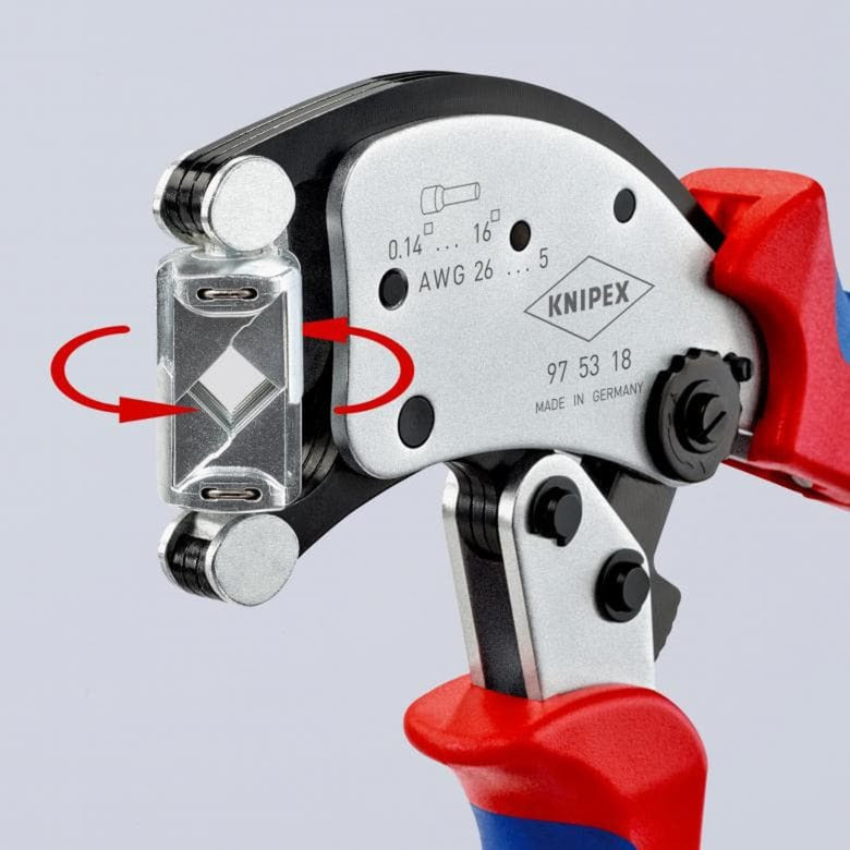 Knipex twistor 16 selvjusterende crimptang til rørringe (rød blå, med roterende crimpehoved)