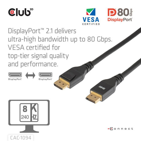 Club 3D-certificeret displayport 2.1 Vesa DP80-kabel (sort, 2 meter, 8k 240hz, 10k 60hz, 80gbps)