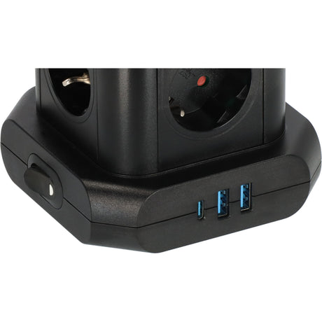 Brennerstuhl strømskinne tårn med 8 stikdåser i 45° arrangement stikskinne (sort, 2x USB-A, 1x USB-C strømforsyning)