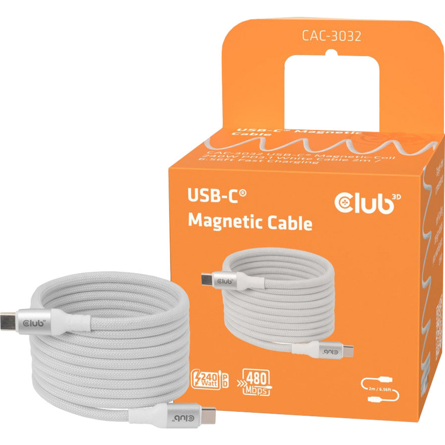 Club 3D USB-C magnetisk spole 240W PD3.1 hvidt kabel, 2 meter kabel (hvid)