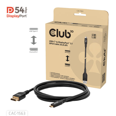 Club 3D USB-C til DisplayPort 2.1 DP54 tovejskabel, 8K120Hz 2m (sort)