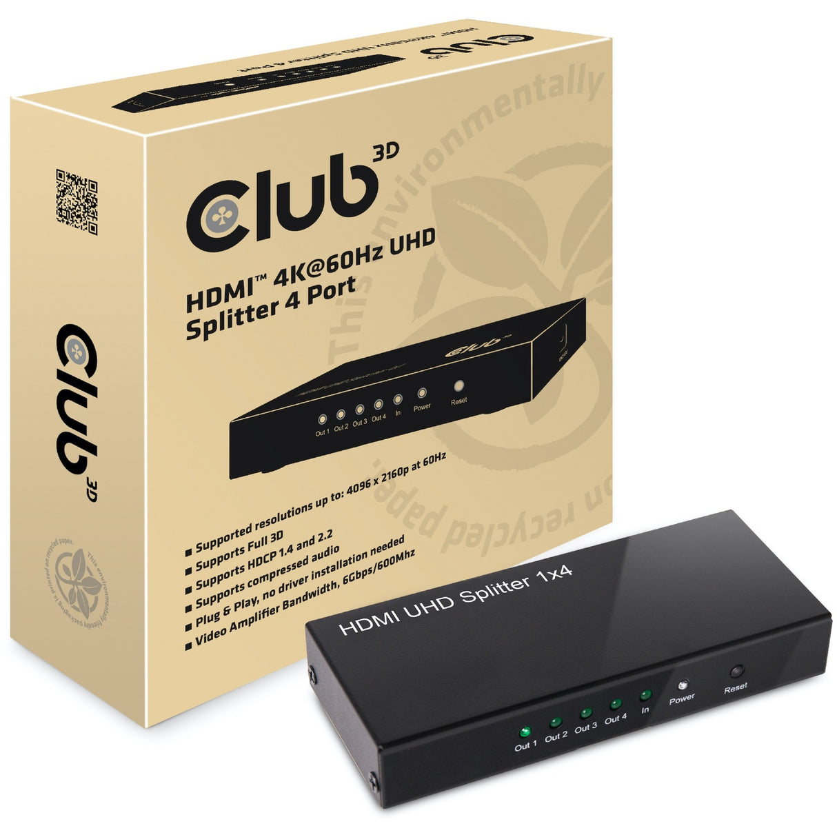 Club 3D HDMI 2.0 UHD Splitter 4 Ports HDMI Splitter (sort)