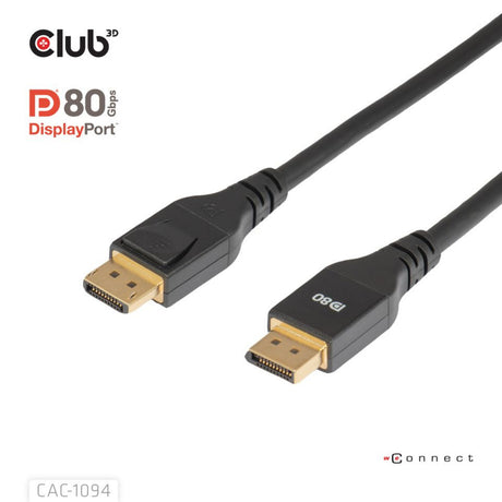 Club 3D-certificeret displayport 2.1 Vesa DP80-kabel (sort, 2 meter, 8k 240hz, 10k 60hz, 80gbps)